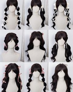 Long Pigtail Hairstyles, Kuromi Hairstyle, Kawaii Short Hairstyles, Valentines Hair Styles, Hair Styles Pigtails, Cute Hairstyles For School Long Hair, Cute Pigtail Hairstyles, Pigtail Styles, Bow Reference