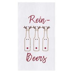 three wine bottles with reindeer antlers on them, and the words rein beers written in red