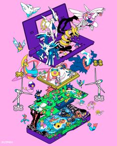 an image of a laptop computer surrounded by pokemons and other cartoon characters on pink background