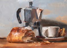 a painting of coffee and bread on a table