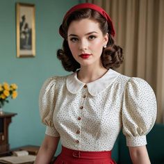 a woman in a red skirt and white blouse with polka dots on her shirt is posing for the camera