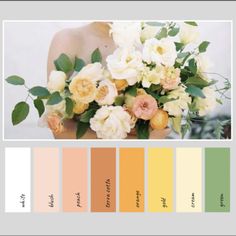 the color palette for this wedding bouquet is peach, yellow and green