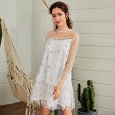 mesh star print transparent lace hollow out long sleeve summer dress Beach Cover-up Dress With Floral Embroidery And Short Sleeves, Long Sleeve Summer Dress, Beach Mini Dress With Floral Embroidery And V-neck, Streetwear Shorts, Geometric Dress, Short Dresses Casual, White Dress Summer, Lace Fashion