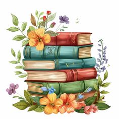 a stack of books sitting on top of each other with flowers and leaves around them