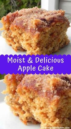 two pieces of cake sitting on top of a white plate with the words moist and delicious apple cake