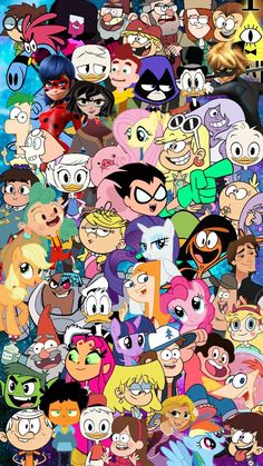 many cartoon characters are grouped together to form a collage with each other's faces