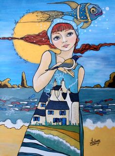 a painting of a girl on the beach with a fish in her hand and a house by the water