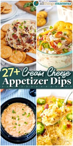 collage image showcasing 27+ Cream Cheese Appetizer Dips. Chive And Onion Cream Cheese Recipes, Top Dip Recipes, Chive And Onion Cream Cheese, Cream Cheese Corn, Baked Dips, Food Bites, Cream Cheese Appetizer