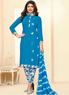 Poly Cotton Blue Churidar Suit Blue Salwar Kameez For Puja Festivals, Designer Floor-length Blue Salwar Kameez, Blue Long Sleeve Jamawar Salwar Kameez, Festive Blue Floor-length Salwar Kameez, Blue Long Sleeve Mulmul Salwar Kameez, Blue Churidar, Casual Salwar Kameez, Lookbook Casual, Floor Length Anarkali