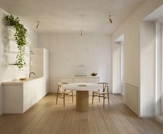 a white table and chairs in a room with wood flooring on one side and plants hanging from the ceiling