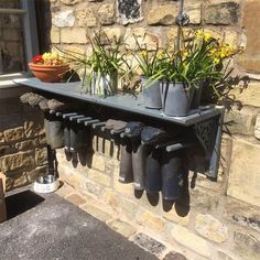 several pots and pans are hanging on a wall with plants in front of it