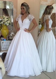 Beading Lace Ball Gown Short Sleeve V-Neck Chiffon Wedding Size 16 Wedding Dress, Button Wedding Dress, Wedding Dresses For Fall, Chiffon Ball Gown, Short Sleeve Wedding Dresses, Ball Gown Short, Mermaid Ball Gowns, Plus Size Bridal Gowns, Wedding Dress With Beading