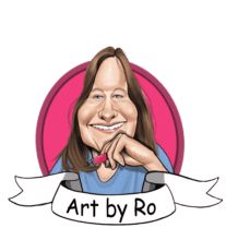 a caricature of a smiling woman with her hand on her chin and the words art by ro