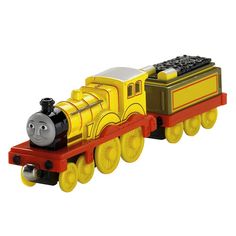 a small toy train with thomas the tank engine on it's track and yellow wheels