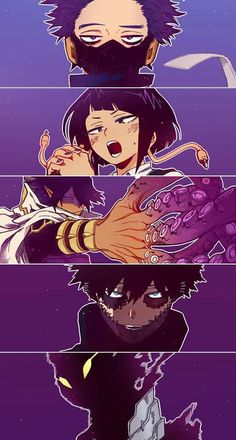 three anime characters with different expressions on their faces, one in black and the other in purple