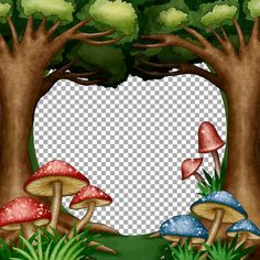 a group of mushrooms in the forest with grass and trees around them, on a transparent background