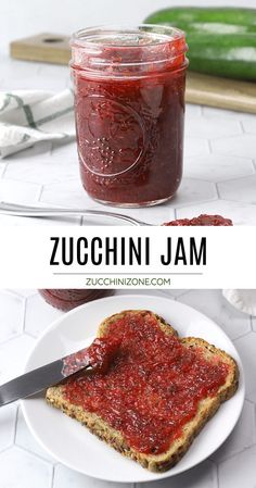 zucchini jam in a jar on a white plate with a slice of bread