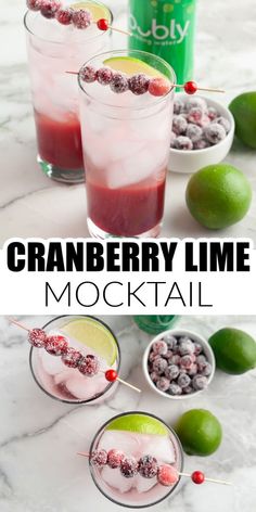 cranberry lime mocko cocktail in glasses with strawberries and limes