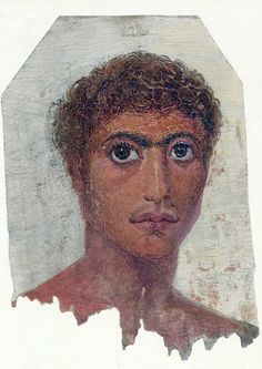 an ancient painting of a man with curly hair and blue eyes looking at the camera