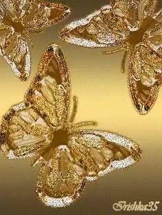 three golden butterflies on a gold background with some sparkles in the bottom right corner