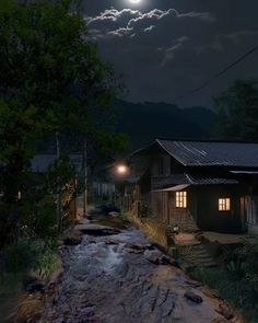 a river running through a lush green forest under a full moon filled sky at night