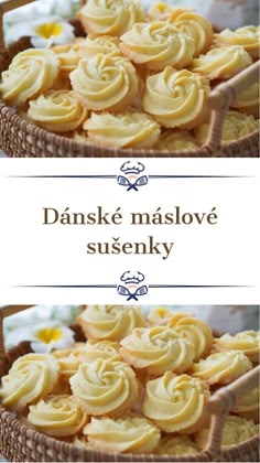 two pictures show different types of desserts in the same basket, one with yellow frosting on it