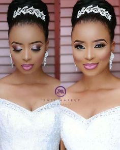 two women in wedding dresses with makeup on their faces