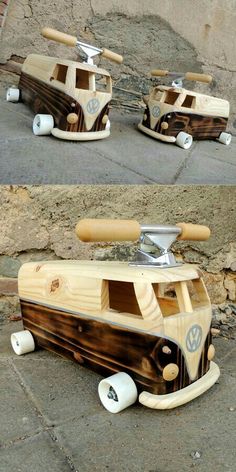 a wooden toy boat sitting on top of a sidewalk