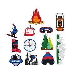 various ski and snowboard related stickers on a white background