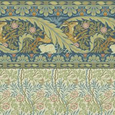 an intricately designed wallpaper with birds and flowers in blue, green, yellow and pink