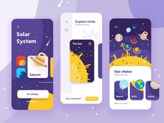 three smartphones with different screens showing the solar system and other things in space around them