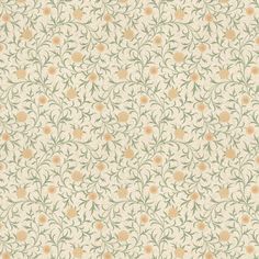 an old fashioned wallpaper with flowers and leaves on it's side, in beige and green