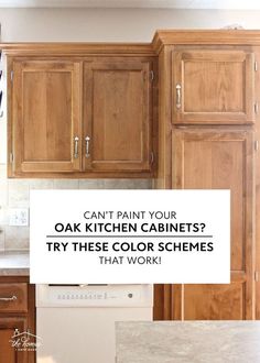 an oak kitchen cabinet with the words can't paint your oak kitchen cabinets? try these color schemes that work