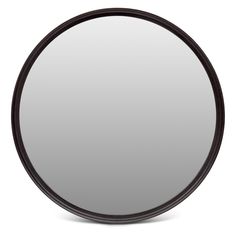 a round mirror is shown against a white background with black trim and an oval frame