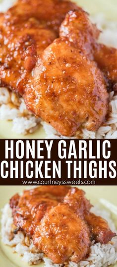 honey garlic chicken thighs over rice on a plate