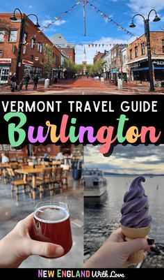 the vermont travel guide is featured in this postcard with images of buildings and people eating ice cream