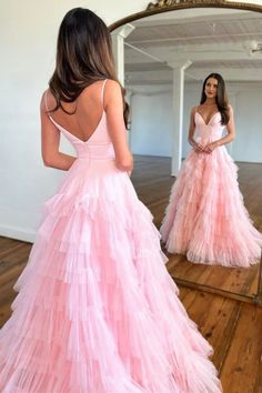 Deep V Neck Princess A-line Spaghetti Straps Zipper Back Long Tulle Pr – Weitese Dress Crazy Prom Dresses, Prom Dresses Sparkly, Homecoming Dresses Sparkly, Beautiful Ball Gowns, Prom Dresses Long Pink, Sparkly Prom Dresses, Beautiful Long Dresses, Homecoming Dresses Long, Unique Prom Dresses