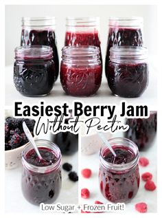 four different jars filled with berries and jam