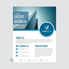 a blue and white flyer for a business company with an image of a skyscraper in the background