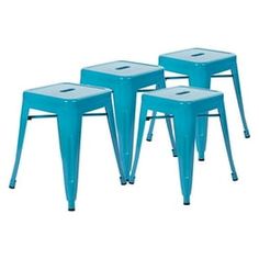 three blue metal stools sitting next to each other