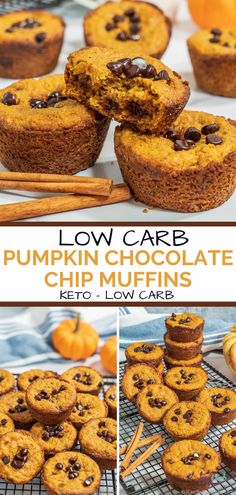 low carb pumpkin chocolate chip muffins are stacked on top of each other