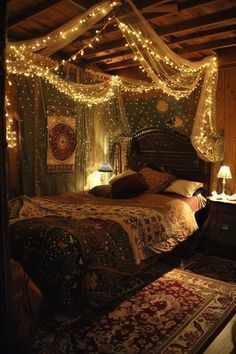 a bed room with a neatly made bed covered in lights