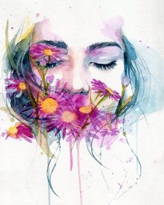 a watercolor painting of a woman's face with flowers in her mouth