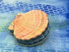 a stack of seashells sitting on top of a blue and green table cloth