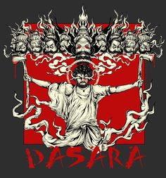 a drawing of jesus surrounded by flames and skulls on a red background with the words dash written below it