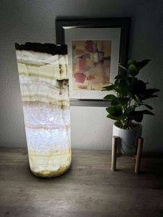 a vase sitting on top of a wooden table next to a potted plant