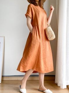 Women Casual Plain Dress Non-stretch Beach Dress With Pockets, Casual A-line Plain Dress, Plain Non-stretch Knee-length Dresses, Non-stretch V-neck Dress With Pockets, Casual Short Sleeve Plain Midi Dress, Plain Short Sleeve Shift Dress, Casual Orange Maxi Dress, Casual Orange Short Sleeve Maxi Dress, Plain Relaxed Fit Beach Dress