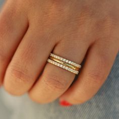 Today we have a set of 3 wedding bands made for women in 14k solid yellow gold (available in white gold and rose gold) and with moissanite gemstones. This listing includes two half eternity moissanite bands and one matching plain gold band (total of 3 rings). The half eternity moissanite bands each have a width of 1.9mm and a height of 1.5mm. the matching solid gold band has a width of 1.9mm and a height of about 1.4mm. All three rings stack beautifully and comfortably. The Half Eternity Moissan Moissanite Bands, 3 Wedding Bands, Eternity Band Stack, Plain Gold Wedding Bands, Rings Stack, Charles And Colvard Moissanite, Fancy Jewellery Designs, Yellow Gold Wedding Band, Solid Gold Band