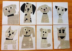 four different pictures of dogs made out of newspaper strips on a wooden table with one dog in the middle