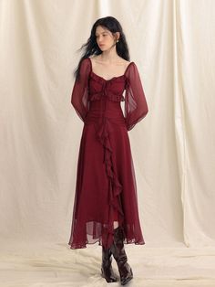 Composition : Polyester 100%Color : Burgundy Red Country of Origin : CHINA Wine Bridesmaid Dresses, Braidsmaid Dresses, Ruffle Long Dress, Red Dress Sleeves, Whimsical Dress, Red Long Sleeve Dress, People Reference, Fantasy Life, Long Red Dress